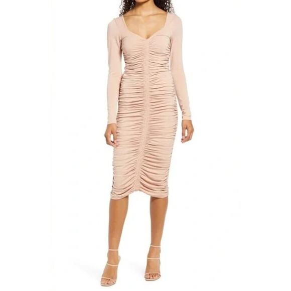 Rachel Parcell Ruched Bodycon Long Sleeve Midi Dress Tan Size S - Picture 2 of 6